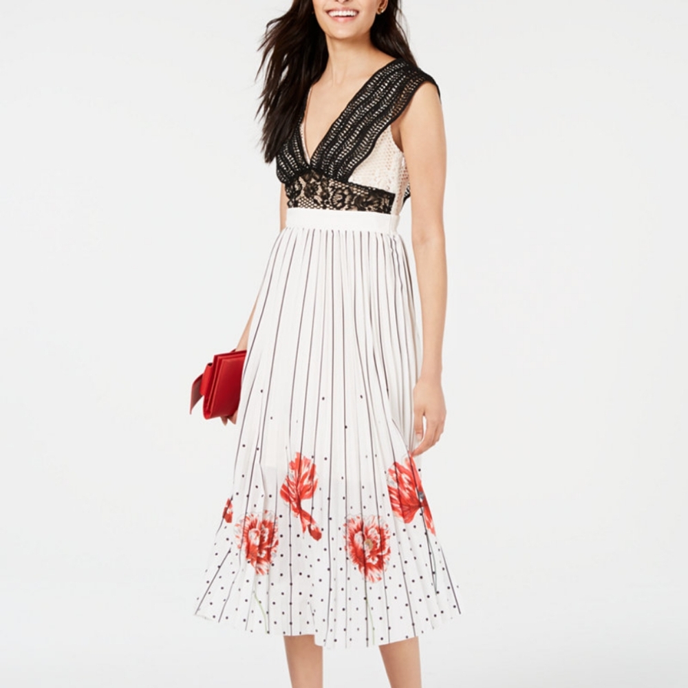 foxiedox Hera Pleat Midi Dress Pleated Floral Polka Dot Women's Size XL New